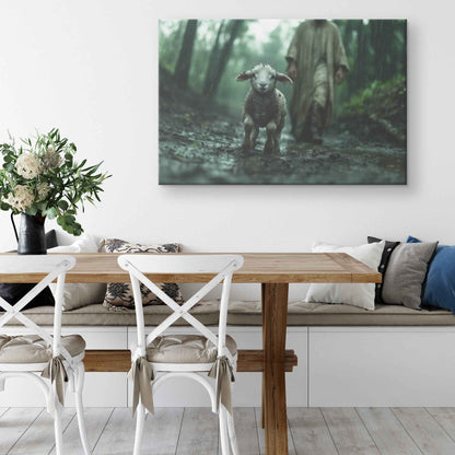 Graceful Rescue Jesus Protecting the Muddy Lamb on the Rainy Forest Path   Christian Canvas Wall Art Decor