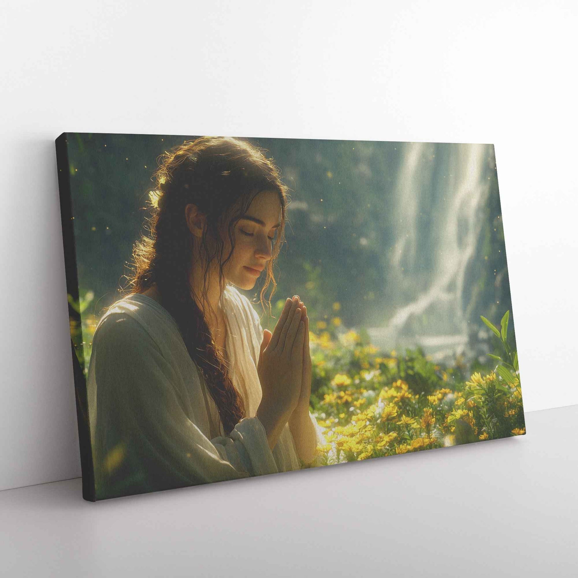 Graceful Serenity Young Woman Praying Amidst Wildflowers and Sunlit Forest   Inspiring Christian Canvas Wall Art Decor