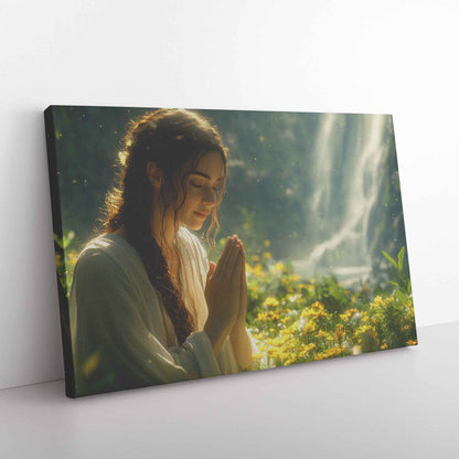 Graceful Serenity Young Woman Praying Amidst Wildflowers and Sunlit Forest   Inspiring Christian Canvas Wall Art Decor