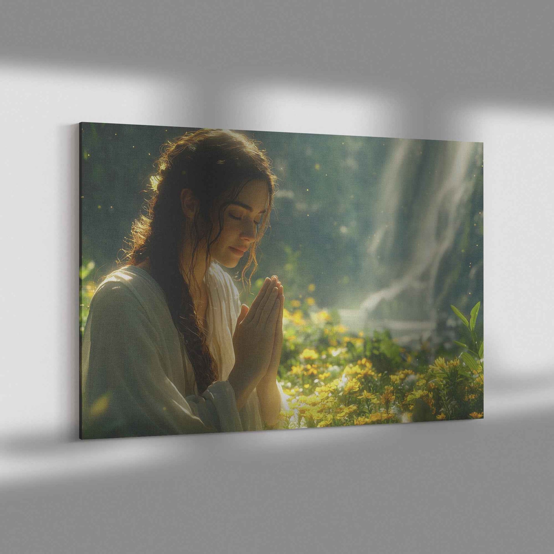 Graceful Serenity Young Woman Praying Amidst Wildflowers and Sunlit Forest   Inspiring Christian Canvas Wall Art Decor
