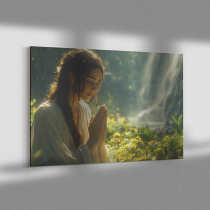 Graceful Serenity Young Woman Praying Amidst Wildflowers and Sunlit Forest   Inspiring Christian Canvas Wall Art Decor