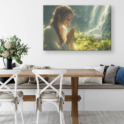 Graceful Serenity Young Woman Praying Amidst Wildflowers and Sunlit Forest   Inspiring Christian Canvas Wall Art Decor