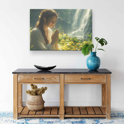 Graceful Serenity Young Woman Praying Amidst Wildflowers and Sunlit Forest   Inspiring Christian Canvas Wall Art Decor