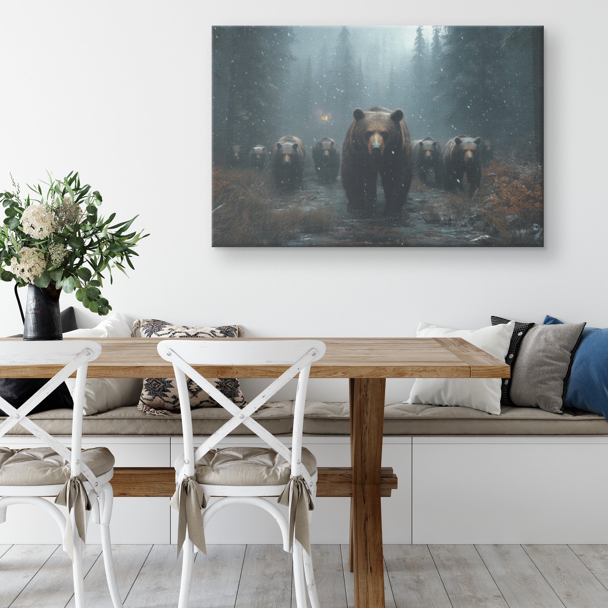 Group of Grizzly Bears in Misty Forest with Snowflakes  Intimidating Wildlife Art for Home Living Room or Office  Canvas Wall Art Decor - Awakening Righteousness