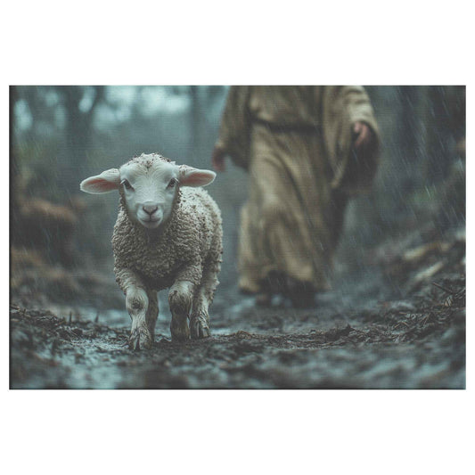 Guiding Light in the Midnight Storm Jesus Protecting a Lost Lamb in the Rain   Christian Canvas Wall Art Decor