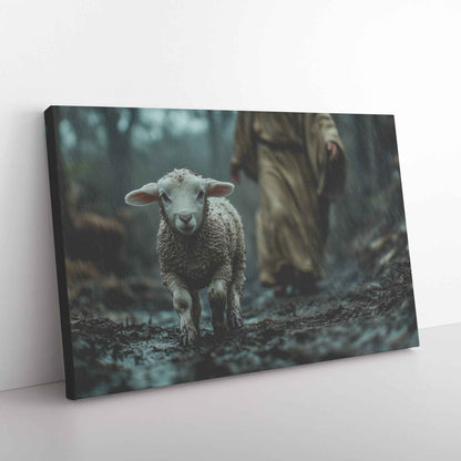 Guiding Light in the Midnight Storm Jesus Protecting a Lost Lamb in the Rain   Christian Canvas Wall Art Decor