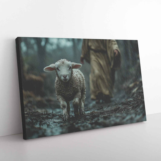 Guiding Light in the Midnight Storm Jesus Protecting a Lost Lamb in the Rain   Christian Canvas Wall Art Decor