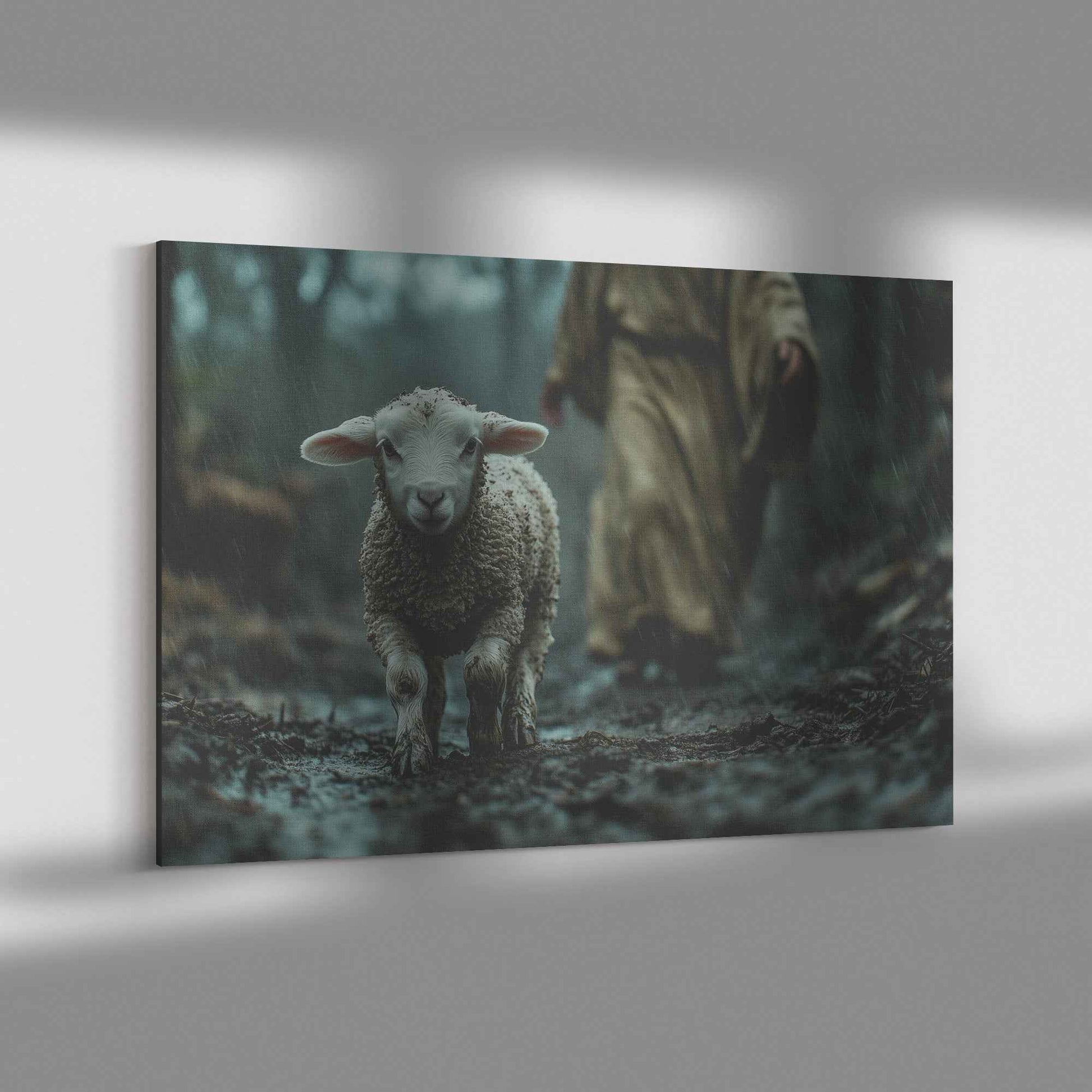 Guiding Light in the Midnight Storm Jesus Protecting a Lost Lamb in the Rain   Christian Canvas Wall Art Decor