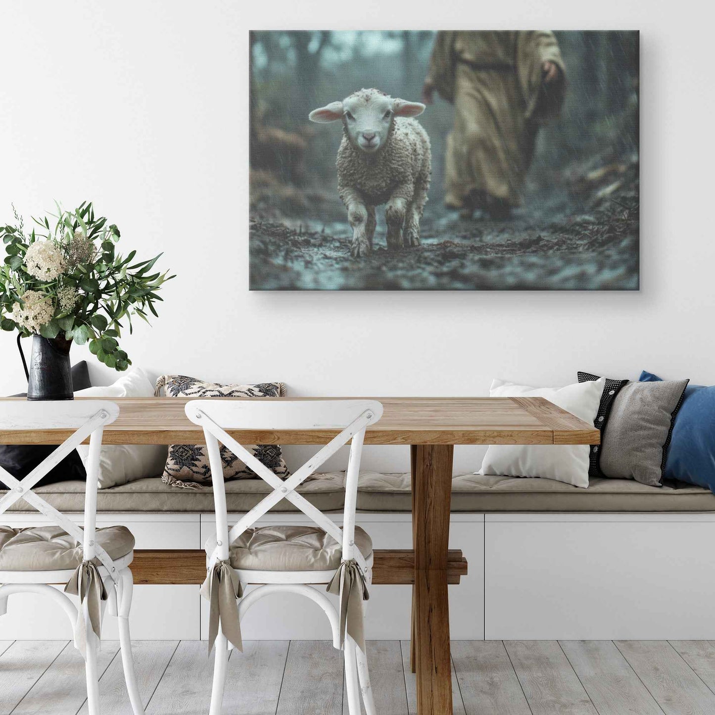 Guiding Light in the Midnight Storm Jesus Protecting a Lost Lamb in the Rain   Christian Canvas Wall Art Decor