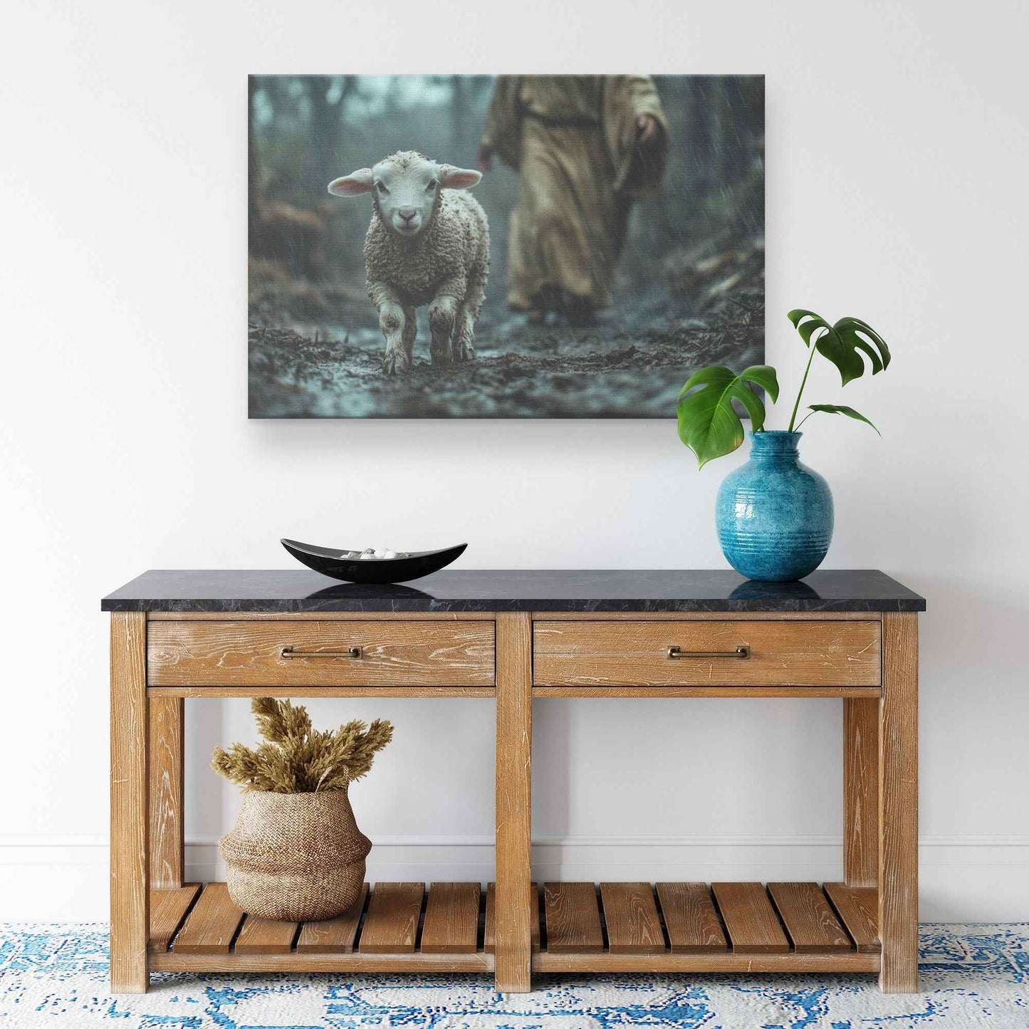 Guiding Light in the Midnight Storm Jesus Protecting a Lost Lamb in the Rain   Christian Canvas Wall Art Decor