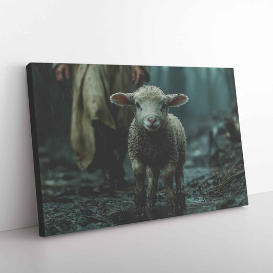 Guiding Light in the Storm Jesus Protecting the Lost Lamb   Christian Canvas Wall Art Decor