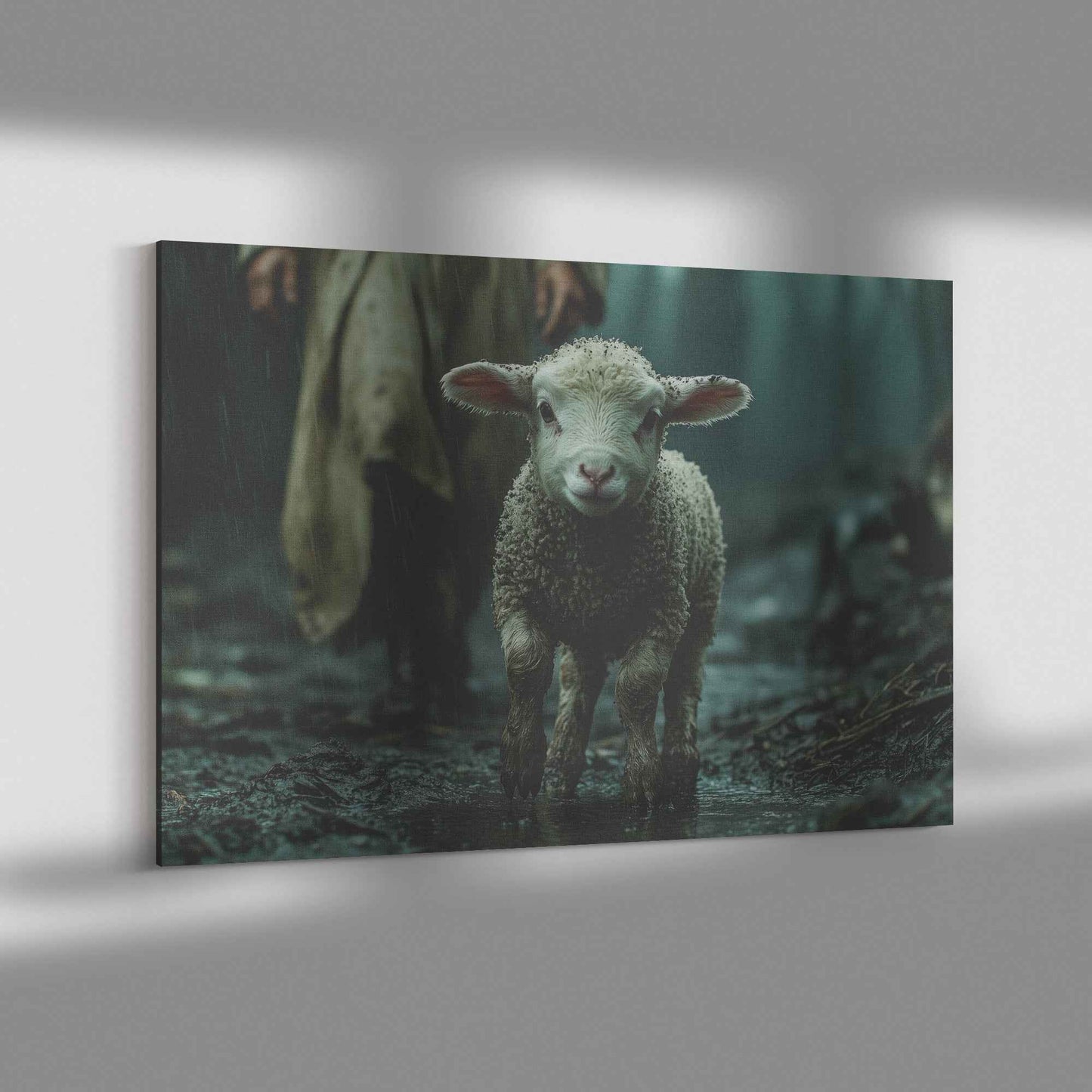 Guiding Light in the Storm Jesus Protecting the Lost Lamb   Christian Canvas Wall Art Decor