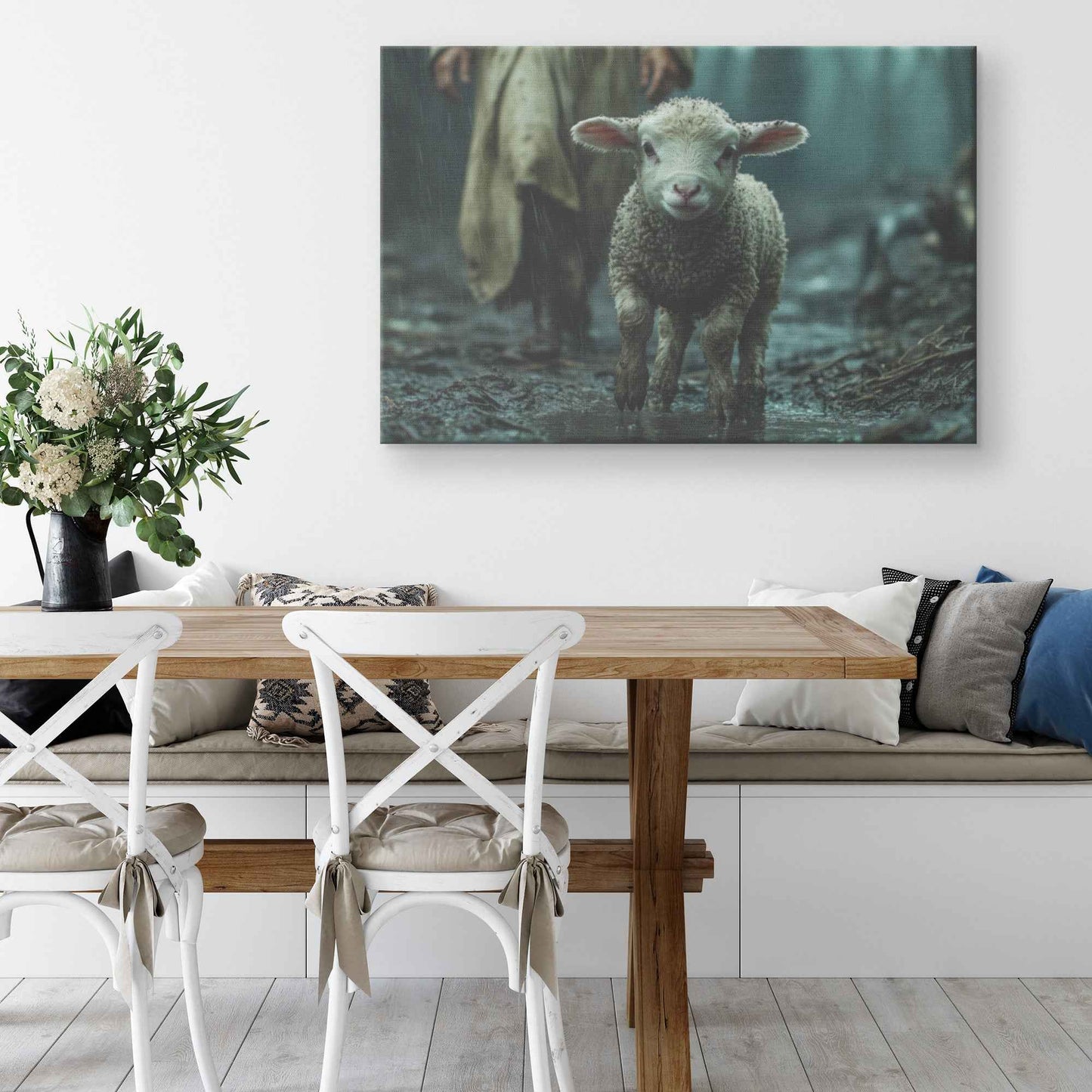 Guiding Light in the Storm Jesus Protecting the Lost Lamb   Christian Canvas Wall Art Decor