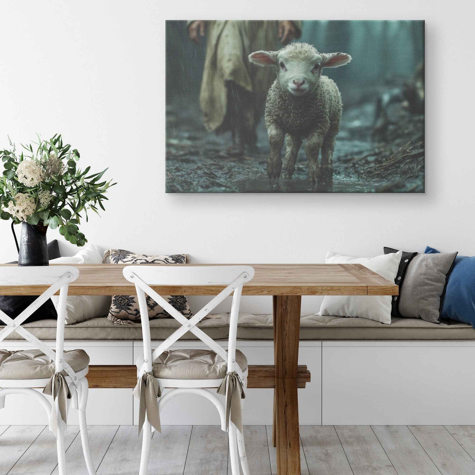 Guiding Light in the Storm Jesus Protecting the Lost Lamb   Christian Canvas Wall Art Decor