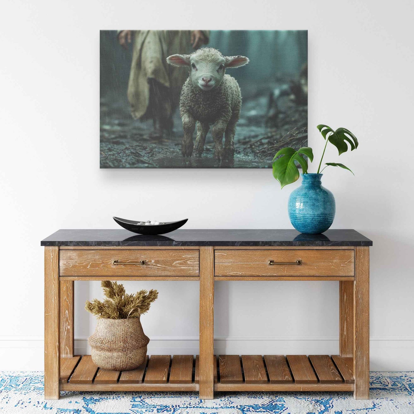 Guiding Light in the Storm Jesus Protecting the Lost Lamb   Christian Canvas Wall Art Decor
