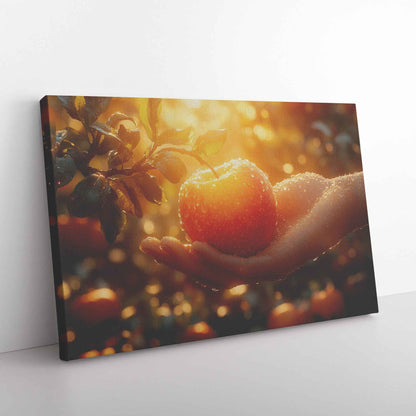 Hand of Temptation A Glorious Apple in the Orchard's Embrace   Christian Canvas Wall Art Decor