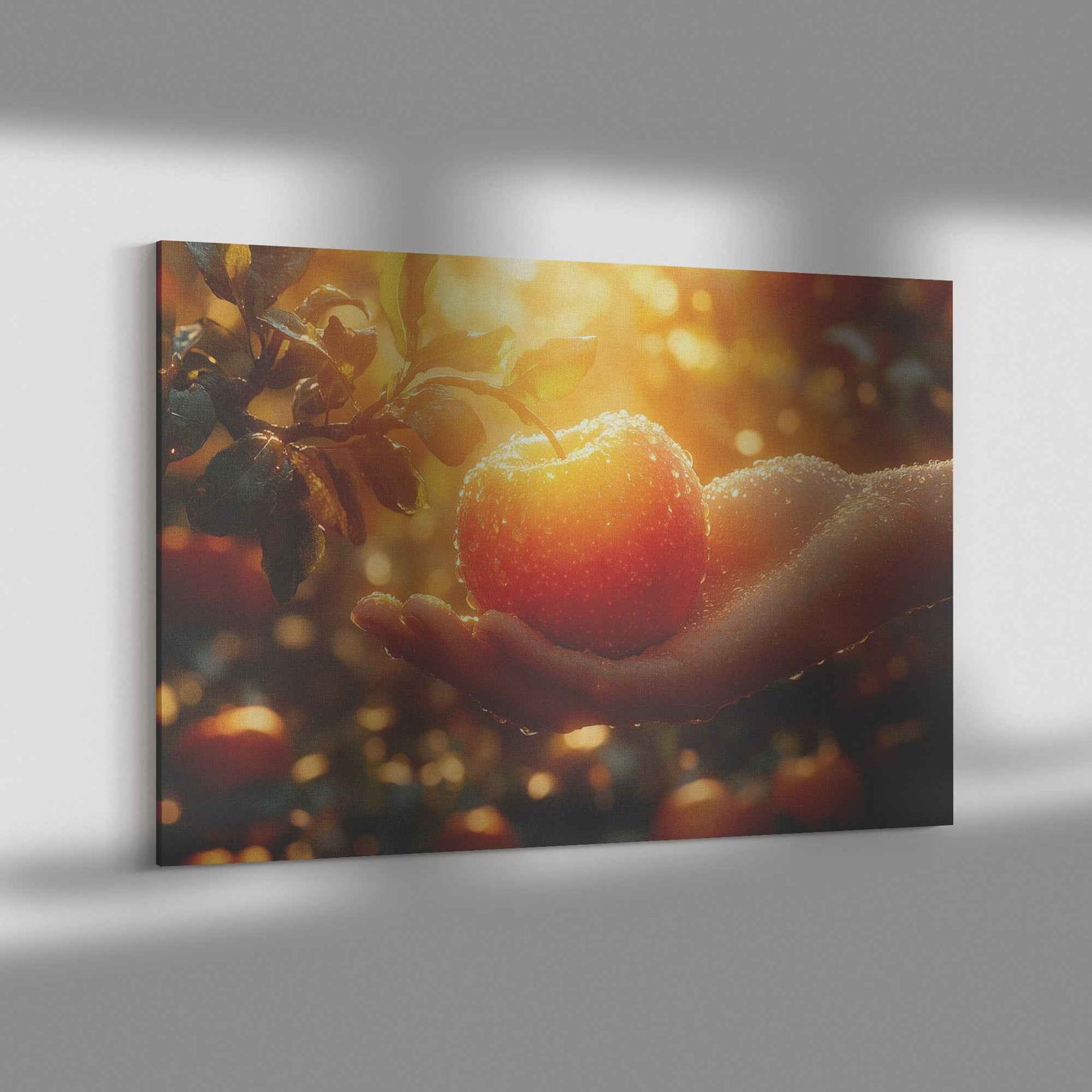 Hand of Temptation A Glorious Apple in the Orchard's Embrace   Christian Canvas Wall Art Decor