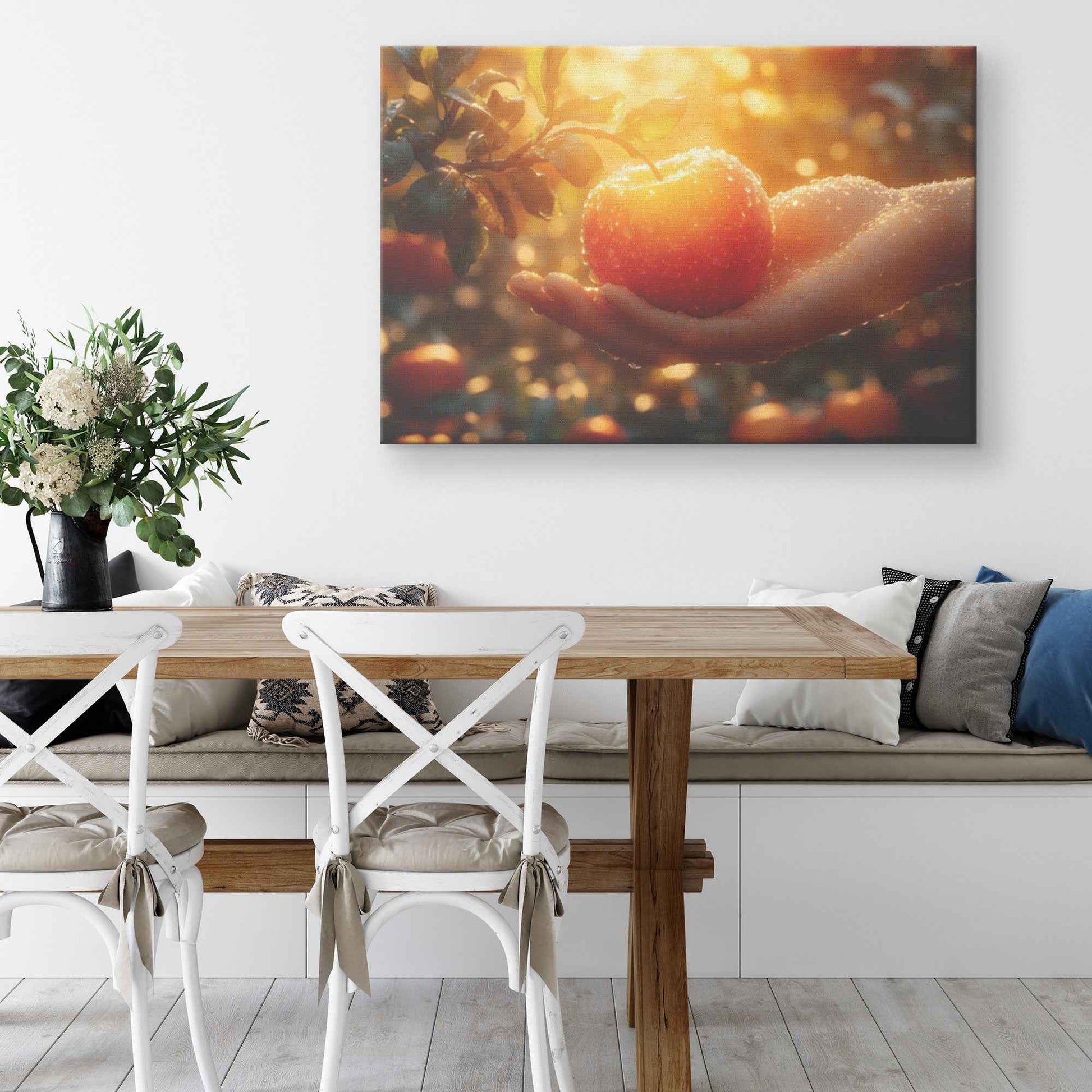 Hand of Temptation A Glorious Apple in the Orchard's Embrace   Christian Canvas Wall Art Decor