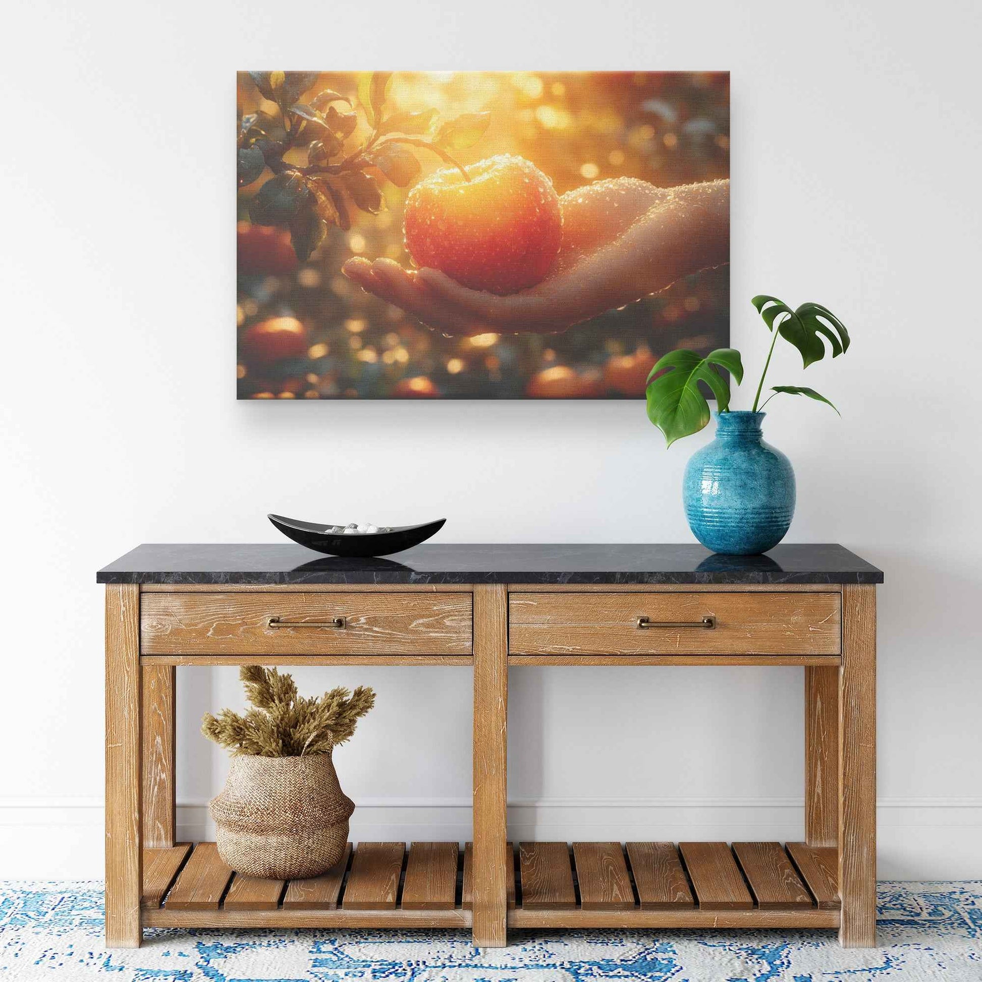 Hand of Temptation A Glorious Apple in the Orchard's Embrace   Christian Canvas Wall Art Decor