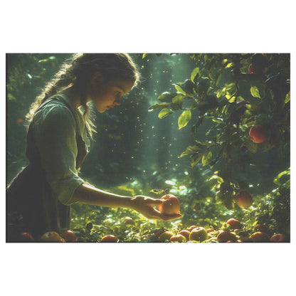 Harvest Serenity Young Girl Picking Apples in a Sunlit Orchard   Christian Canvas Wall Art Decor