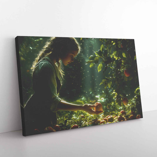 Harvest Serenity Young Girl Picking Apples in a Sunlit Orchard   Christian Canvas Wall Art Decor
