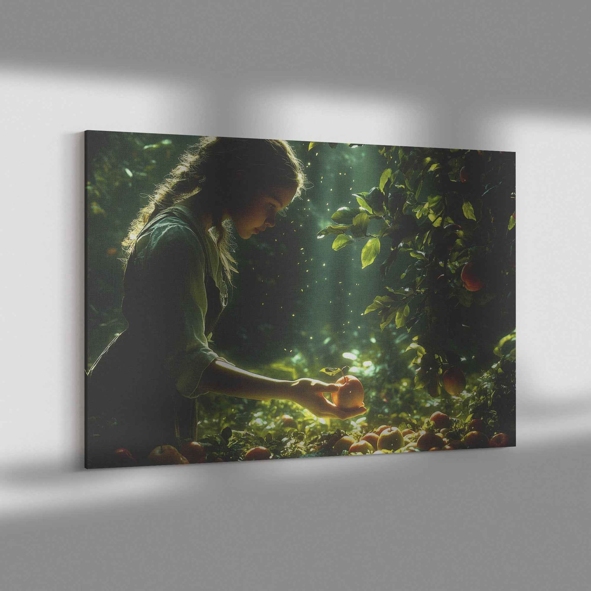 Harvest Serenity Young Girl Picking Apples in a Sunlit Orchard   Christian Canvas Wall Art Decor