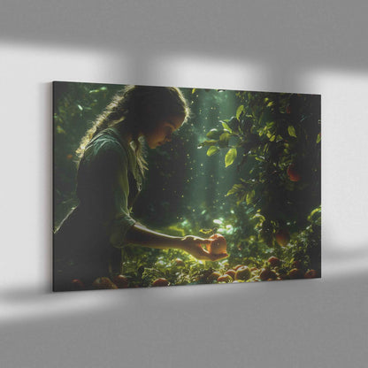 Harvest Serenity Young Girl Picking Apples in a Sunlit Orchard   Christian Canvas Wall Art Decor
