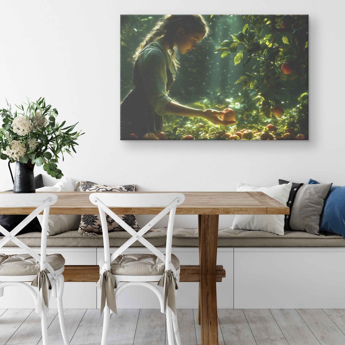 Harvest Serenity Young Girl Picking Apples in a Sunlit Orchard   Christian Canvas Wall Art Decor
