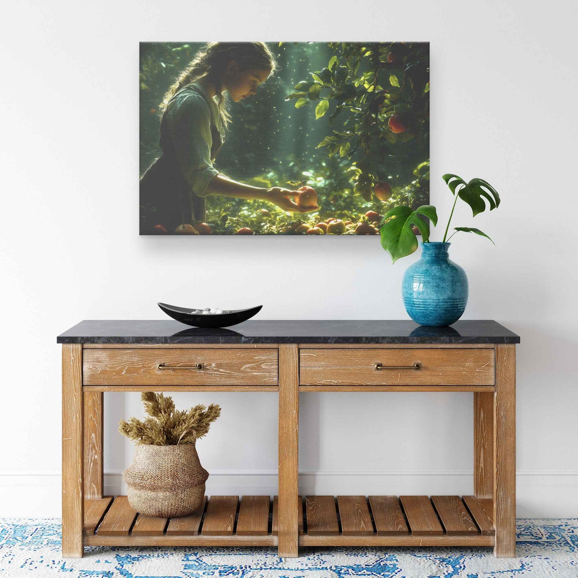 Harvest Serenity Young Girl Picking Apples in a Sunlit Orchard   Christian Canvas Wall Art Decor