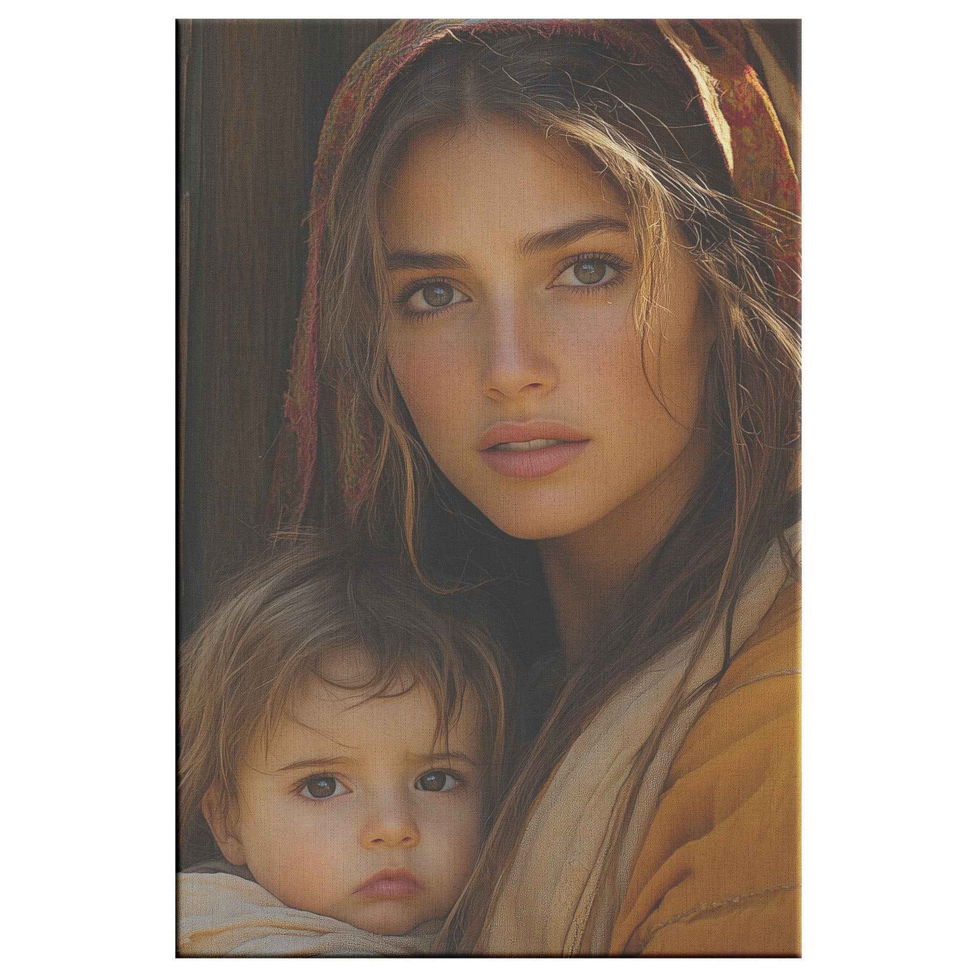 Heartfelt Embrace A Mothers Love Illuminated in Warm Tones Christian Canvas Wall Art Decor