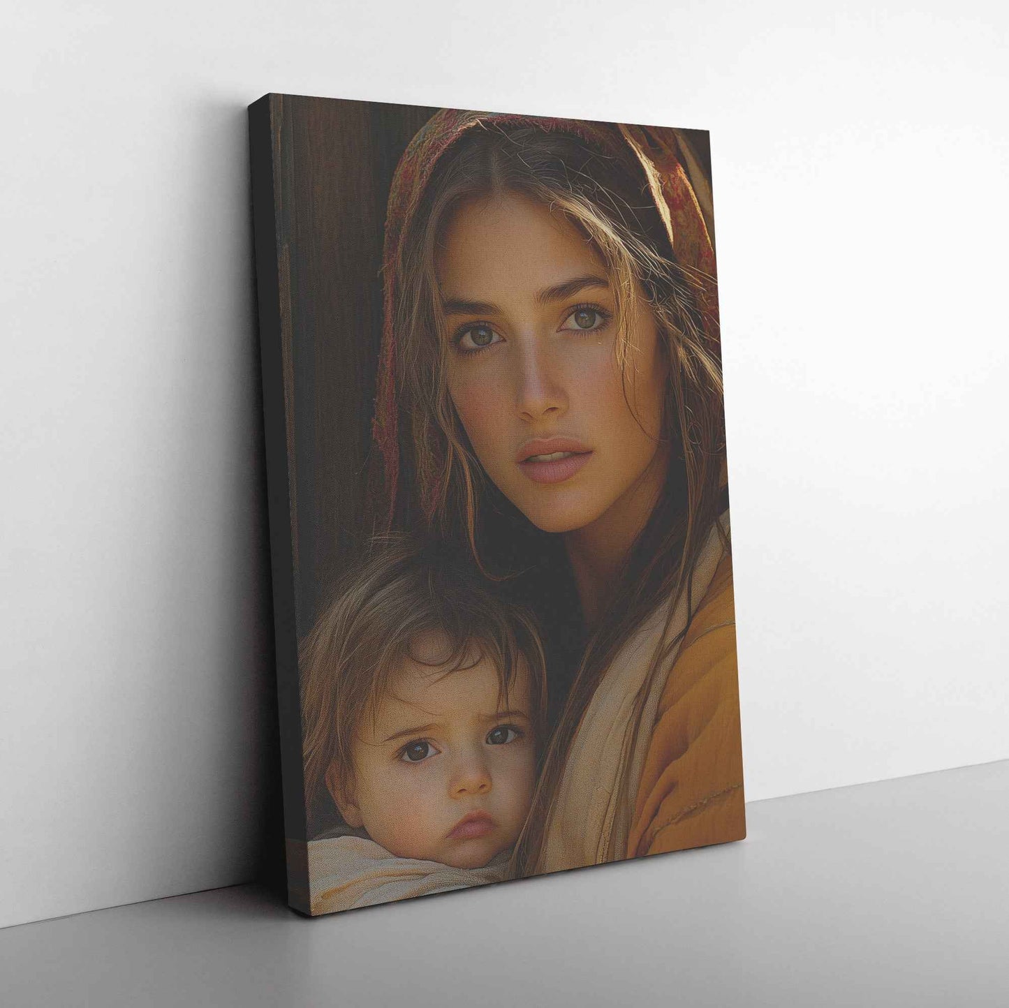 Heartfelt Embrace A Mothers Love Illuminated in Warm Tones Christian Canvas Wall Art Decor