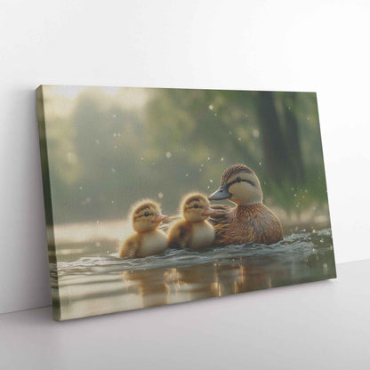 Heartwarming Ducklings Swimming with Their Mother   Christian Canvas Wall Art Decor