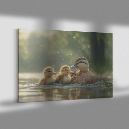 Heartwarming Ducklings Swimming with Their Mother   Christian Canvas Wall Art Decor