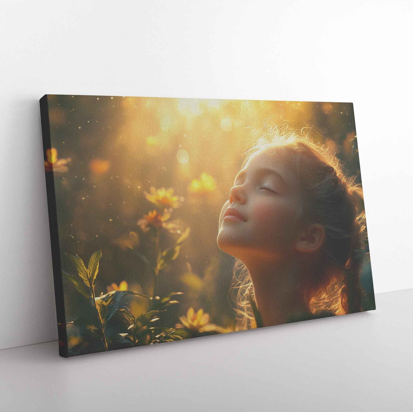 Heavenly Glow Young Girl in Prayer Surrounded Blossoms   Inspiring Christian Canvas Wall Art Decor