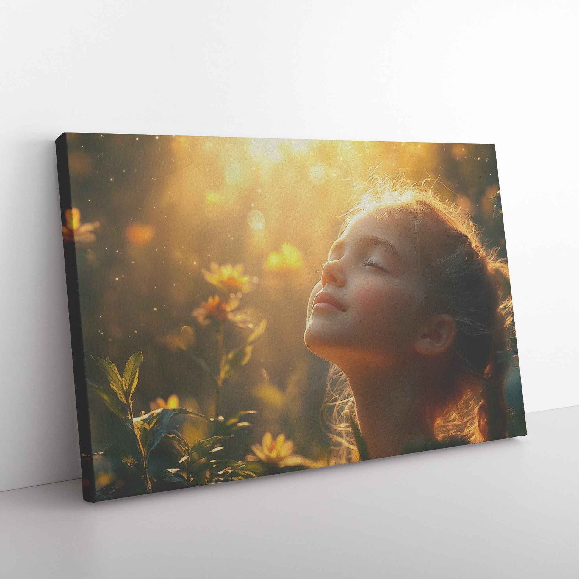 Heavenly Glow Young Girl in Prayer Surrounded Blossoms   Inspiring Christian Canvas Wall Art Decor
