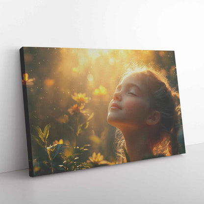 Heavenly Glow Young Girl in Prayer Surrounded Blossoms   Inspiring Christian Canvas Wall Art Decor