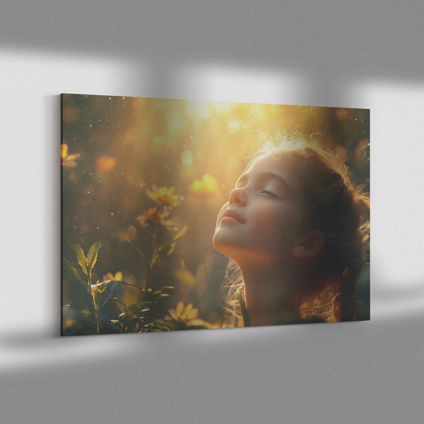 Heavenly Glow Young Girl in Prayer Surrounded Blossoms   Inspiring Christian Canvas Wall Art Decor