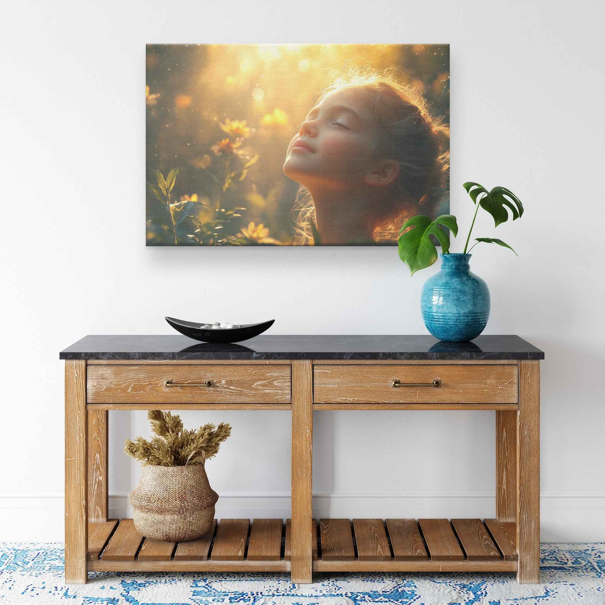 Heavenly Glow Young Girl in Prayer Surrounded Blossoms   Inspiring Christian Canvas Wall Art Decor