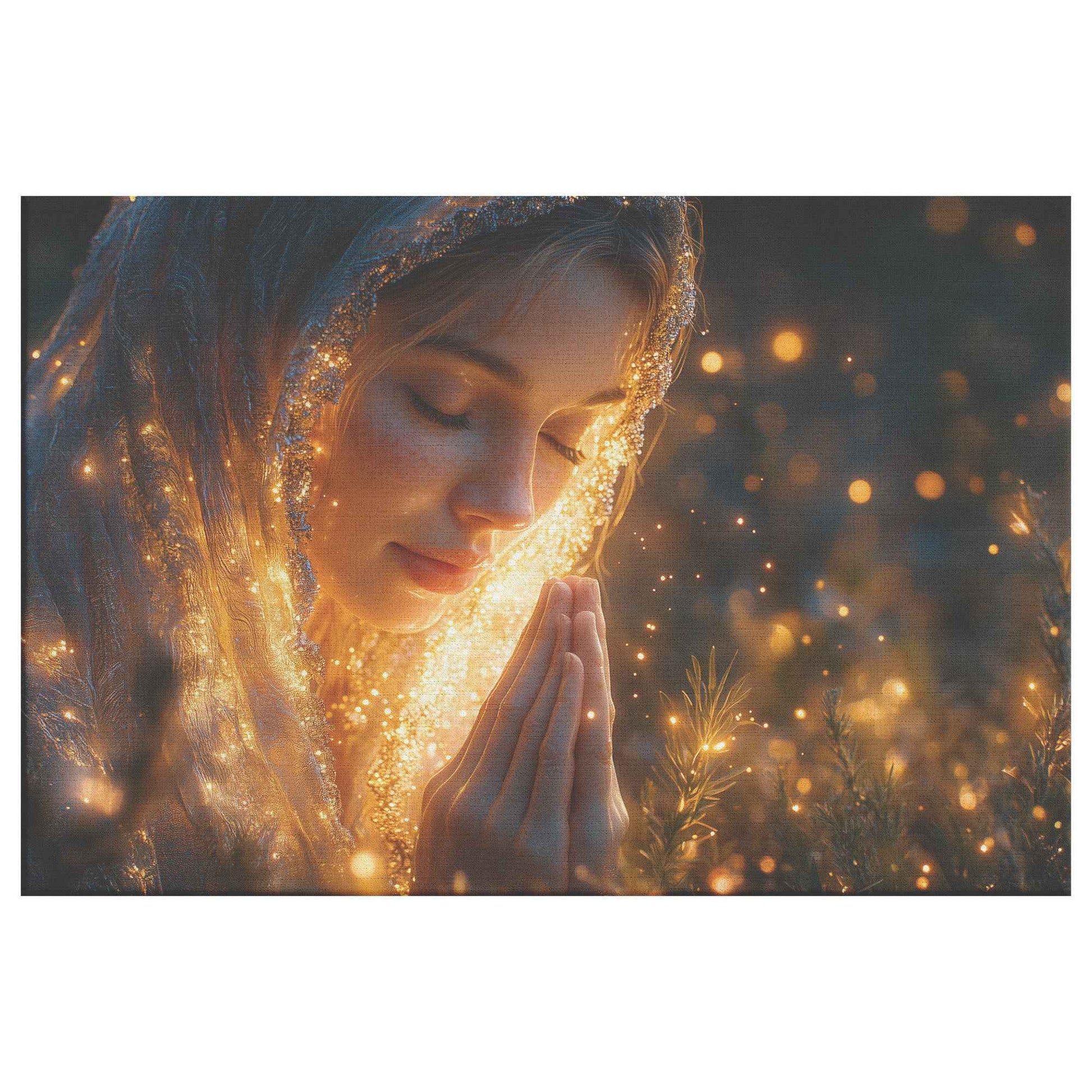 Heavenly Prayer Young Woman Bathed in Golden Light with Stars Above   Inspiring Christian Canvas Wall Art Decor