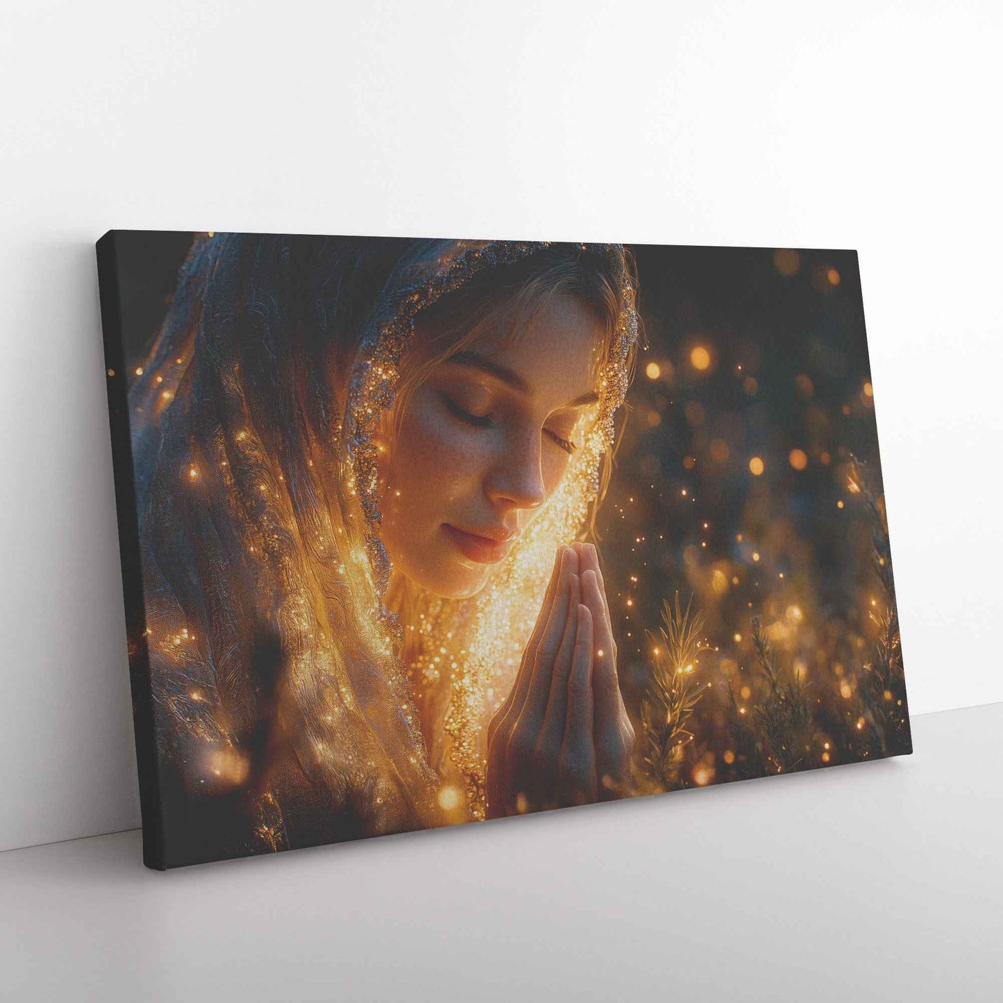 Heavenly Prayer Young Woman Bathed in Golden Light with Stars Above   Inspiring Christian Canvas Wall Art Decor