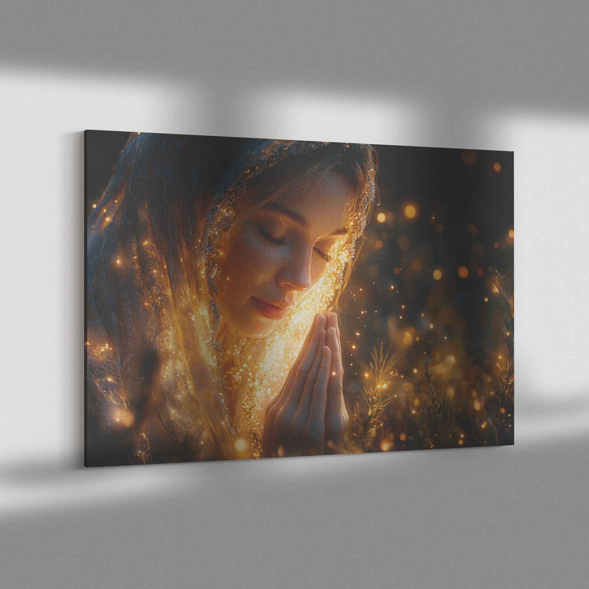 Heavenly Prayer Young Woman Bathed in Golden Light with Stars Above   Inspiring Christian Canvas Wall Art Decor