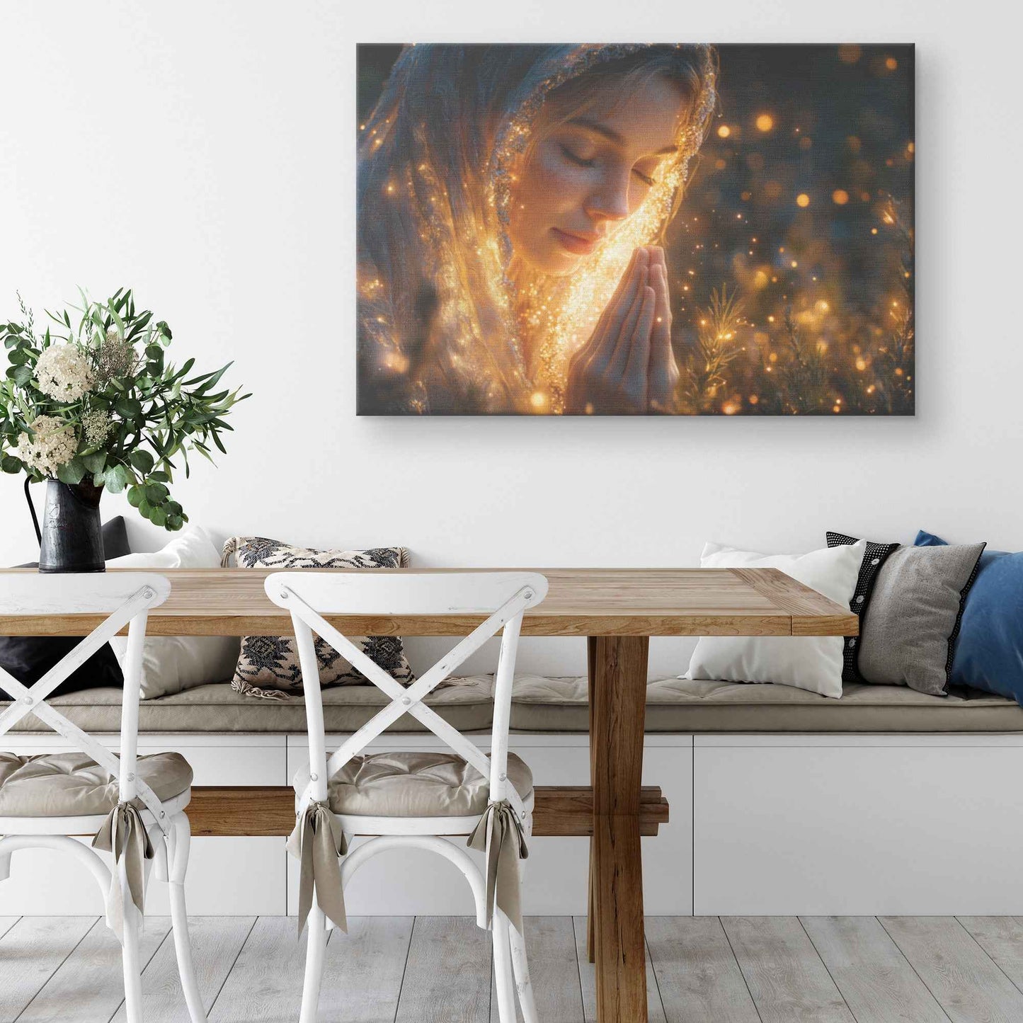 Heavenly Prayer Young Woman Bathed in Golden Light with Stars Above   Inspiring Christian Canvas Wall Art Decor