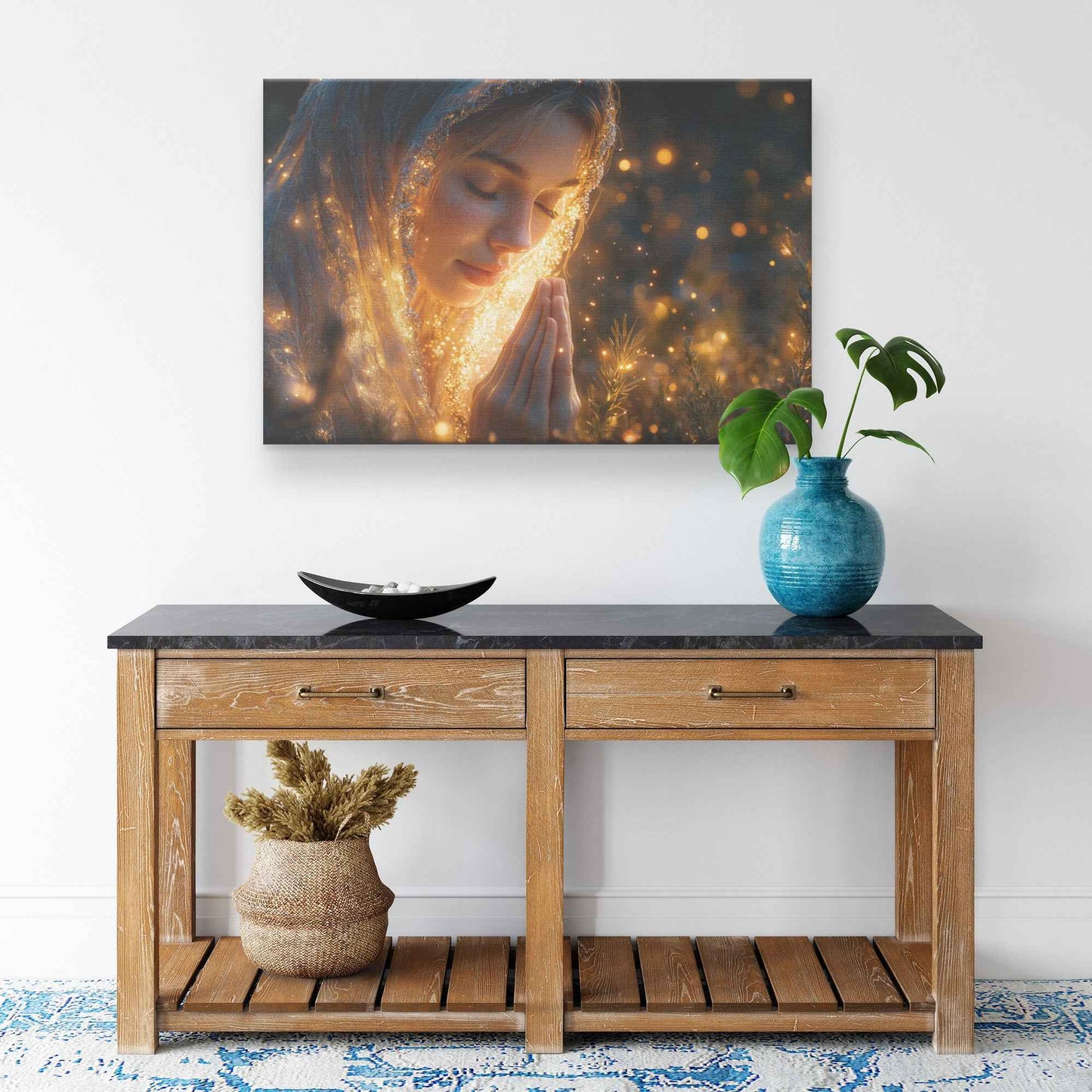 Heavenly Prayer Young Woman Bathed in Golden Light with Stars Above   Inspiring Christian Canvas Wall Art Decor