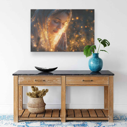 Heavenly Prayer Young Woman Bathed in Golden Light with Stars Above   Inspiring Christian Canvas Wall Art Decor