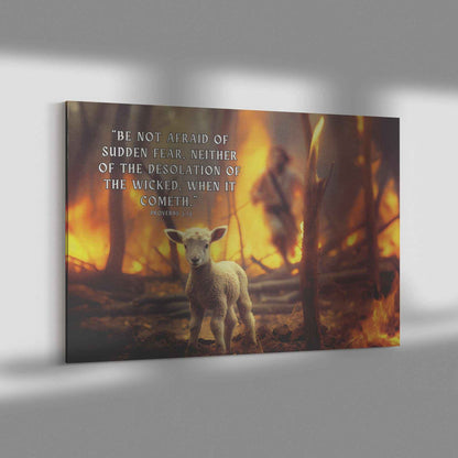 Helpless Lamb In Forest Fire Canvas Art Proverbs 3 25 Be not afraid of sudden fear neither of the desolation of the wicked when it cometh