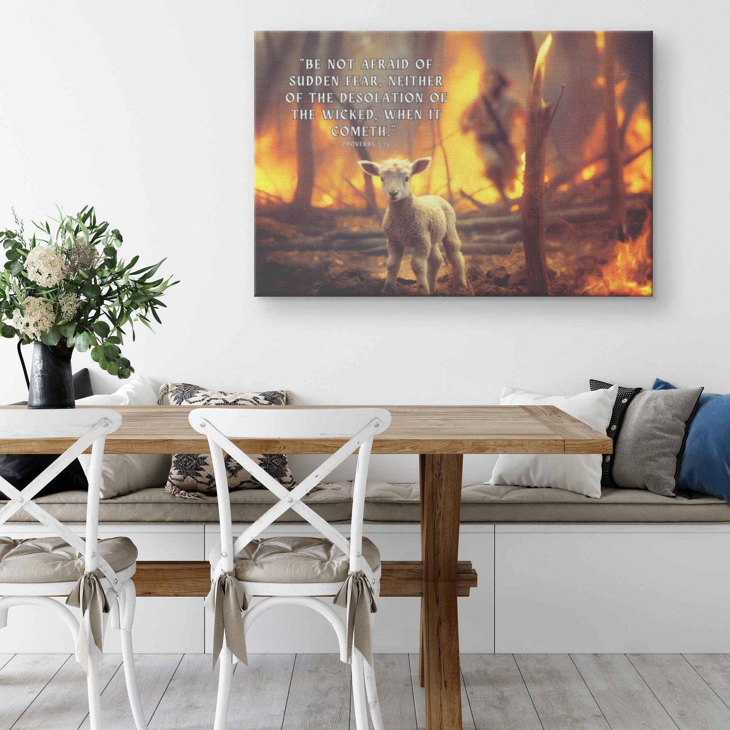 Helpless Lamb In Forest Fire Canvas Art Proverbs 3 25 Be not afraid of sudden fear neither of the desolation of the wicked when it cometh