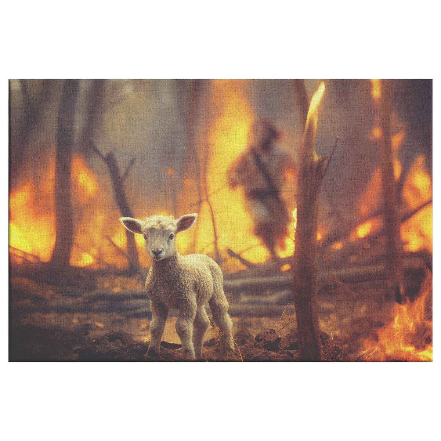 Helpless Lamb Lost In Forest Fire With Jesus Christ Running To Save Us