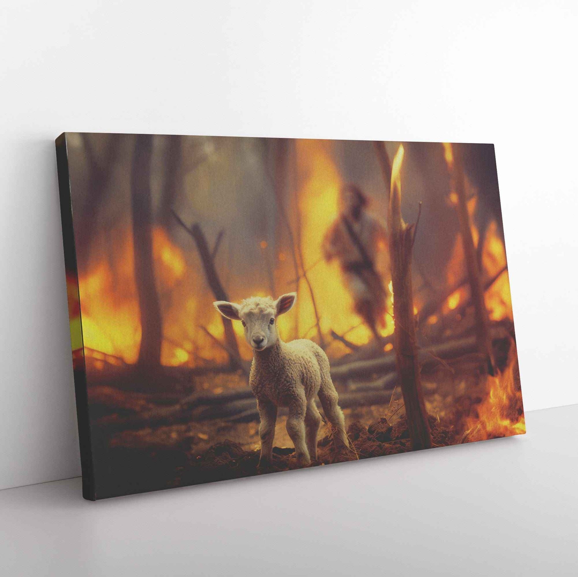 Helpless Lamb Lost In Forest Fire With Jesus Christ Running To Save Us
