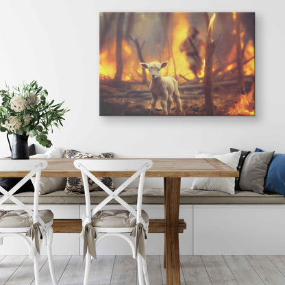 Helpless Lamb Lost In Forest Fire With Jesus Christ Running To Save Us