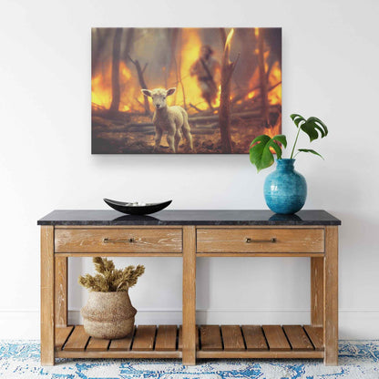 Helpless Lamb Lost In Forest Fire With Jesus Christ Running To Save Us